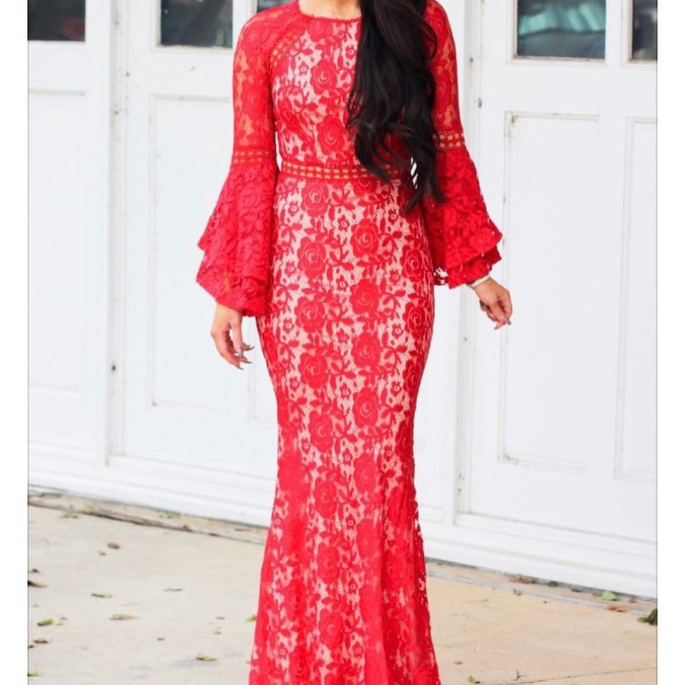 Stunning, red floral lace over nude lined dress.
